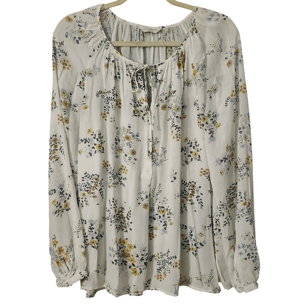 Lucky Brand Women's Peasant Floral Long Sleeve Tie Neck Top, Large - Picture 1 of 6